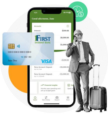 Image of a man on the phone in front of an illustration of the First Internet Bank online banking app and debit card