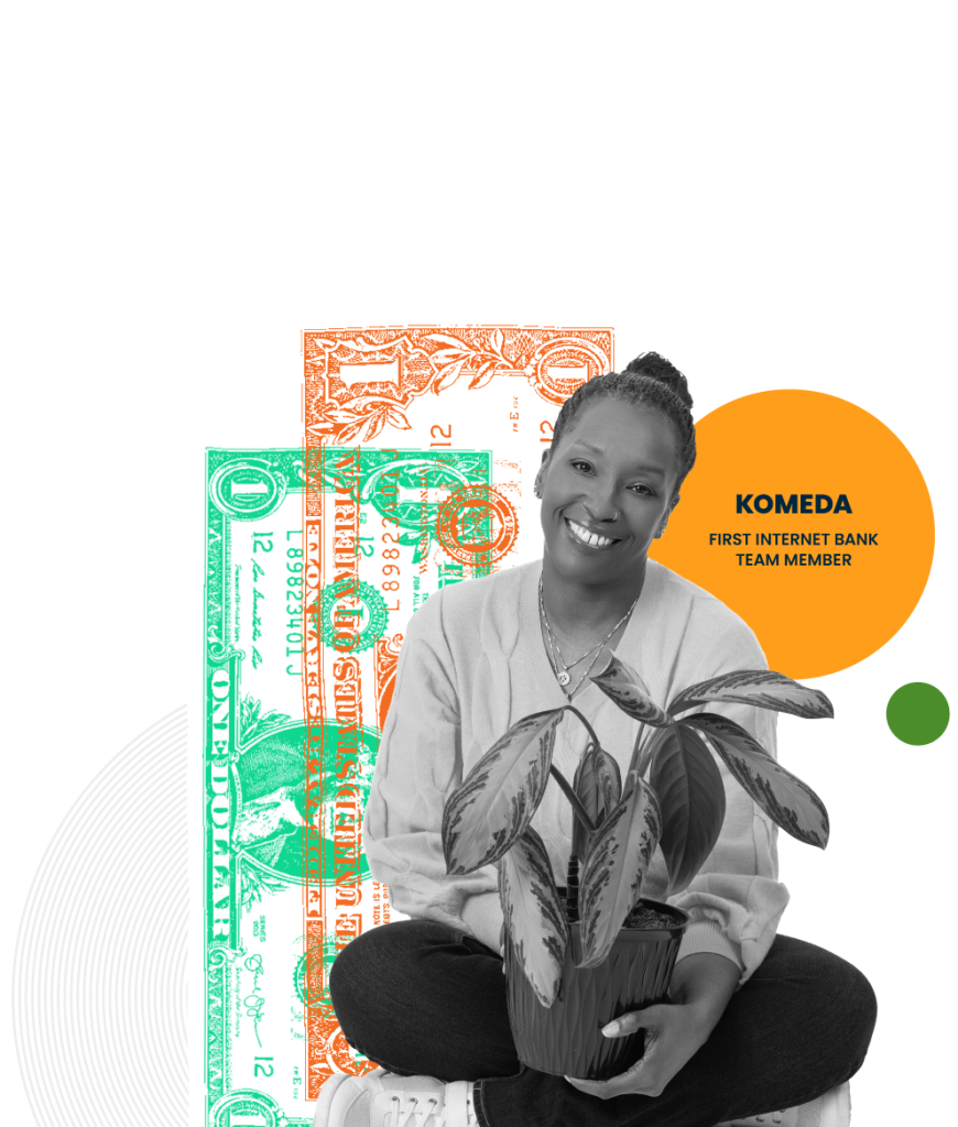 Portrait of a woman named Komeda holding a house plant with illustration of cash behind her, an employee of First Internet Bank