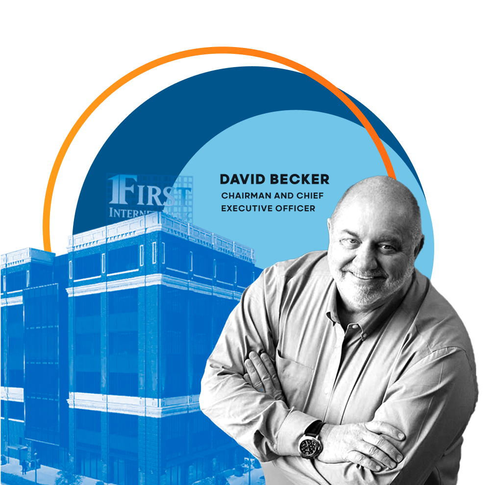 Portrait of David Becker, CEO of First Internet Bank, the first online bank standing in front of building illustration