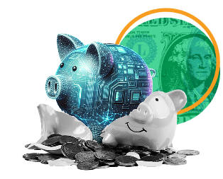 Recommended Alt Tag:	Orange, blue, green, and purple illustration featuring cash, coins, and a piggy bank for online banking