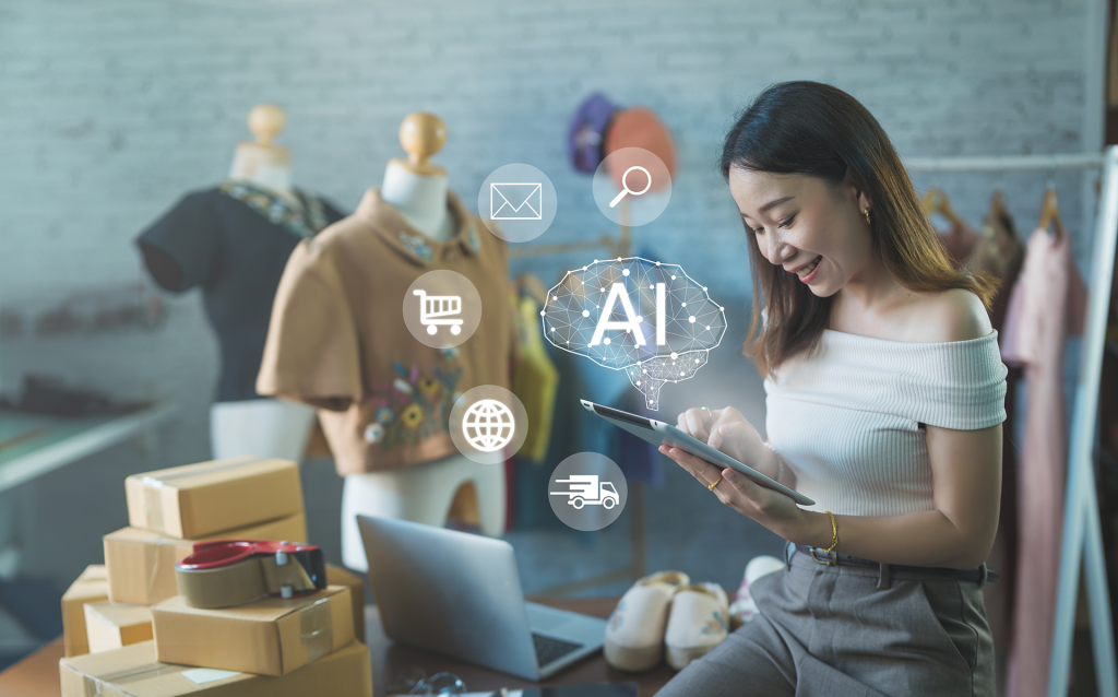 Small business owner using AI‑powered marketing tools on a tablet.